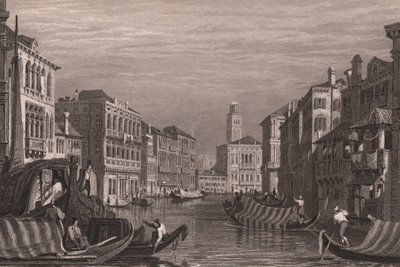 大運河 (Canal Grande) のゴンドラ、ベネチア、ベネト州、イタリア、Samuel Prout (1783-1852) による描画後の鋼の彫刻、15x11.5 cm 年頃 作： Samuel Prout