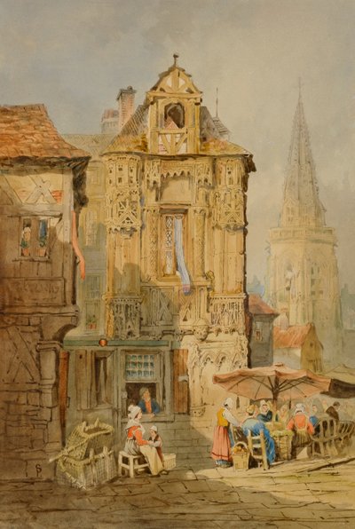 ブルージュの市場、19 世紀初頭。 作： Samuel Prout
