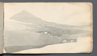 スケッチブック：橋のある山岳風景、1814年。 作： Samuel Prout