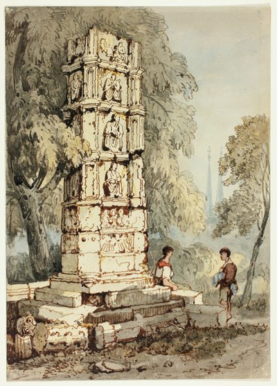 中世の遺跡の傍らに2人の人物、遠くに教会 作： Samuel Prout