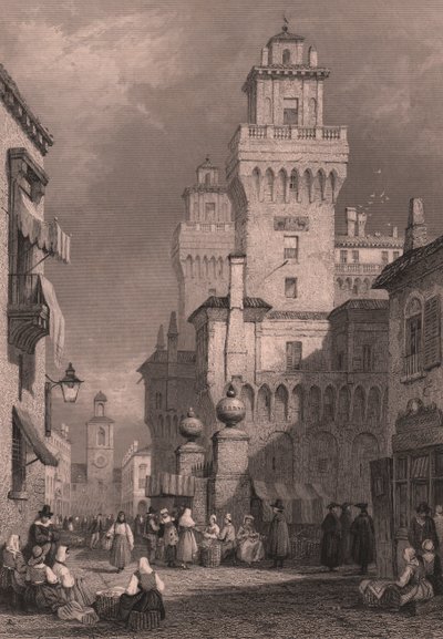 イタリア、エミリア＝ロマーニャ州、フェラーラ、エステンテ城の眺め、サミュエル・プラウト（1783-1852）のデッサンに基づくジョン・ゴッドフリー（1817-1889）のスチール・エングレーヴィング、約26x17cm、ブラッキー・アンド・サン社発行 作： Samuel Prout