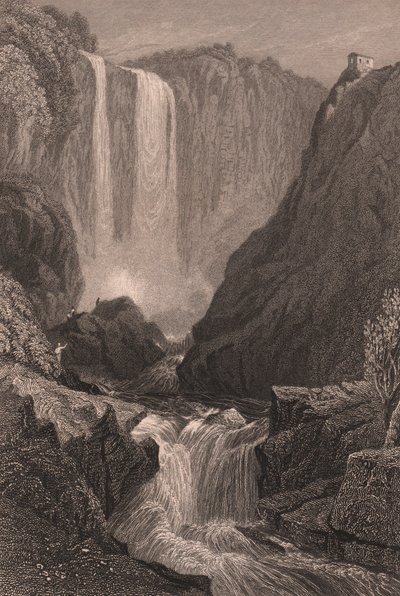 イタリア、ウンブリア州、テルニ近郊のマルモアの滝（Cascata delle Marmore）の眺め、サミュエル・プラウト（1783-1852）のデッサンに基づくスチール・エングレーヴィング、約15x11.5cm。 作： Samuel Prout
