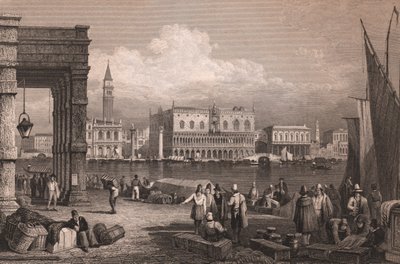 イタリア、ベネト州ベネチアのサンマルコ盆地の眺め、サミュエル・プラウト (1783-1852) による描画後のスチール彫刻、15x11.5 cm 頃 作： Samuel Prout