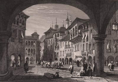 イタリア、ピエモンテ州ドモドッソラの市場広場の眺め、サミュエル・プラウト (1783-1852) によるデッサンからの鋼の彫刻、約 16x11 cm 作： Samuel Prout