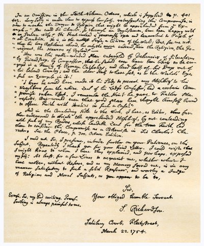 1754年3月22日、サミュエルリチャードソンからの手紙。 作： Samuel Richardson