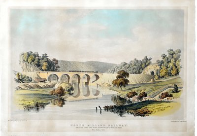 アンバー・ゲート近くのダーウェント川とマトロック・ロードに架かるノース・ミッドランド鉄道橋。1840年 （紙に手彩色リトグラフ） 作： Samuel Russell