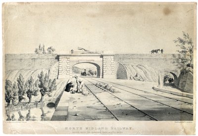ブル・ブリッジのクロムフォード運河下のノース・ミッドランド鉄道橋（1840年頃、紙に彩色リトグラフ） 作： Samuel Russell