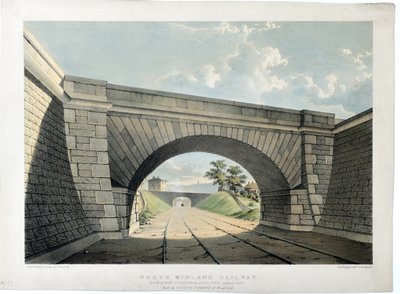 ノース・ミッドランド鉄道。ベルパーのニュー・ストリート橋などを南から見る 1840年頃 （紙に手彩色リトグラフ） 作： Samuel Russell