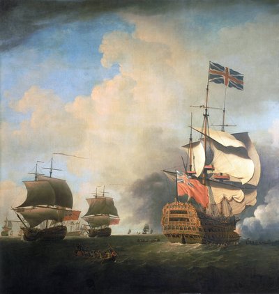 風を受けて帆を操るイギリス海軍の軍艦。キャンバスに油彩、1736年頃、サミュエル・スコット（1702-1772）作。 作： Samuel Scott