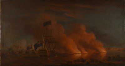 1759年6月28日、ケベック沖でイギリス艦隊を攻撃するフランス軍の火器隊 作： Samuel Scott