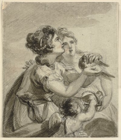 手に鳩とキューピッドを持つ 2 人の女性 作： Samuel Shelley