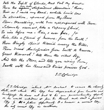 コールリッジの最後の行は、詩人自身の手書き文字で書かれ、1815年にデビズのブラバント夫人に手紙で送られ、シャムニーのヴェイルで日の出の前に賛美歌を歌っていました。 作： Samuel Taylor Coleridge