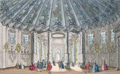 H.ロバーツが彫刻したヴォクソール庭園のエレガントな音楽室の内部ビュー、1752年（手塗りの彫刻） 作： Samuel Wale