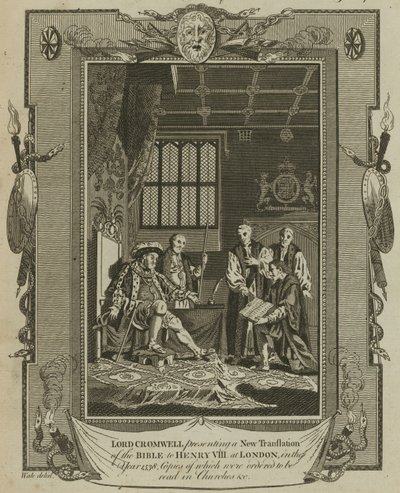 クロムウェル卿が1538年にロンドンでヘンリー8世への聖書の新しい翻訳を発表 作： Samuel Wale