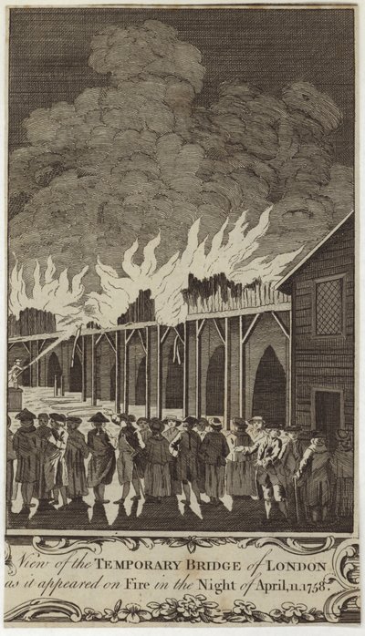 1758年4月11日の夜に炎上したロンドンの臨時橋の眺め 作： Samuel Wale