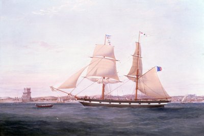 船首越しにベレンの塔を望むリスボン沖のマリア・ヘレナ号 作： Samuel Walters