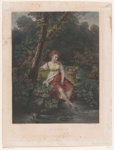 花の花輪と水の中の足を持つ若い女性 La Baigneuse (オブジェクトのタイトル) 作： Samuel William Reynolds (I)