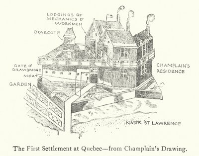 17世紀初頭のケベックにおける最初のフランス人入植地(リトグラフ) 作： Samuel de Champlain