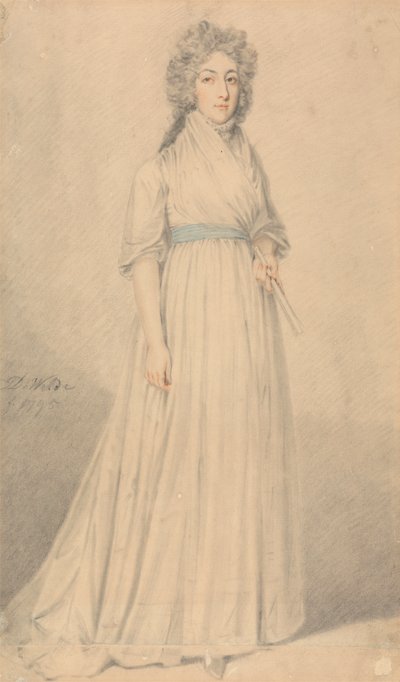 淑女、全身、青い帯を締め、扇子を持っている 作： Samuel de Wilde