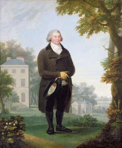 彼の家の敷地内の紳士、c.1800-10（キャンバスに油彩） 作： Samuel de Wilde