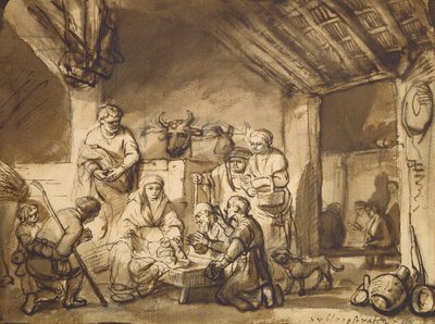 羊飼いたちの崇拝、1646年頃（紙にペンとブラシと鉛筆） 作： Samuel van Hoogstraten