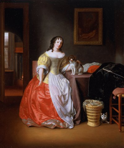 黄色と赤のドレスの女性 作： Samuel van Hoogstraten