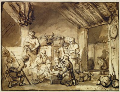 羊飼いの礼拝（ペンとインクを紙の上の黒チョークで洗う） 作： Samuel van Hoogstraten