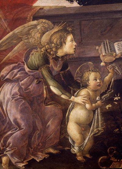 聖母子と 3 人の天使 (マドンナ デル パディリオーネ)、天使とキリストの詳細 作： Sandro Botticelli