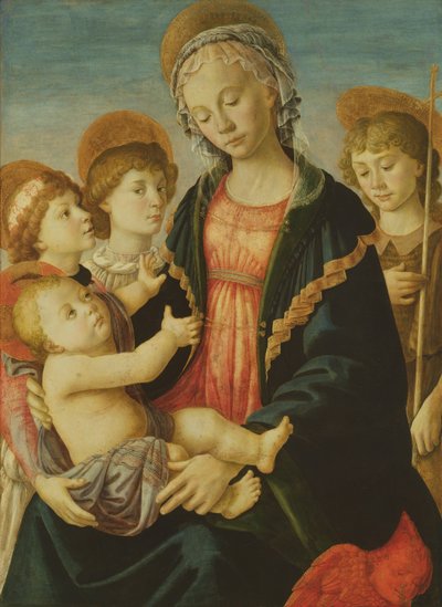二人の天使とバプテストの聖ヨハネとの聖母子、c.1470（パネルに油彩） 作： Sandro Botticelli