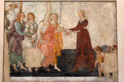 金星と乙女にプレゼントを提供する3つの恵み、c.1483-85（フレスコ画） 作： Sandro Botticelli