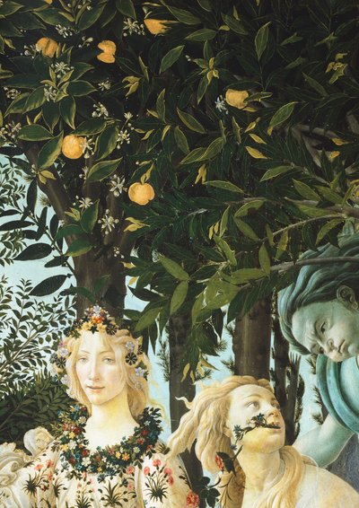 フローラ、ゼフィルス、クローリス、『春の寓意（プリマヴェーラ）』の細部、1477年～1482年頃（木にテンペラ 作： Sandro Botticelli