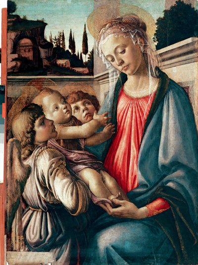 ボッティチェリことサンドロ・フィリペピ（1445-1510）の木彫による聖母子像 1468-1469 Dim.100x71 cm ナポリ、カポディモンテ国立美術館 - ボッティチェリことサンドロ・フィリペピ（1445-1510）の「二人の天使を抱く聖母子」。気性 作： Sandro Botticelli