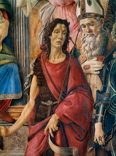 Pala di San Barnaba（聖バルナバの祭壇画）。聖母は、聖カタリナ・オブ・アレキサンドリア、聖アウグスティヌス、聖バルナバと洗礼者聖ヨハネ、アンティオキアの聖イグナチオ、大天使聖ミカエルと共に子供を産んでいます。聖ヨハネ・ザ・バの詳細 作： Sandro Botticelli