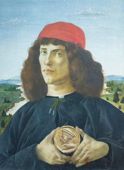 コジモ・デ・メディチのメダリオンを持つ若い男性の肖像 作： Sandro Botticelli