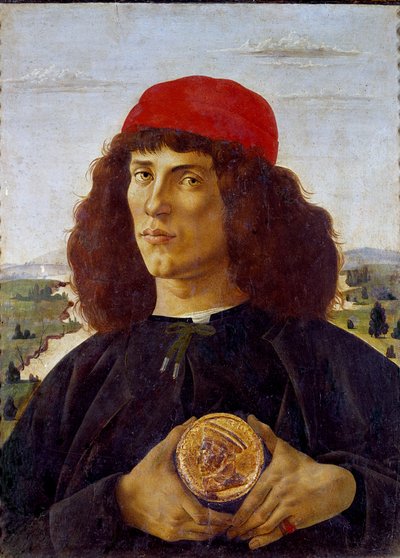 コジモ・デ・メディチ（Cosimo de Medici）のメダルを持つ無名の男性の肖像。アレッサンドロ・ディ・マリアーノ・デイ・フィリペピ・ディット・サンドロ・ボッティチェリ（1445-1510）の絵画。キャンバスにテンペラ、57.5×44cm 作： Sandro Botticelli