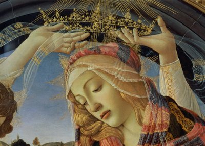 マグニフィカトの聖母」、聖母の顔と冠のディテール 作： Sandro Botticelli