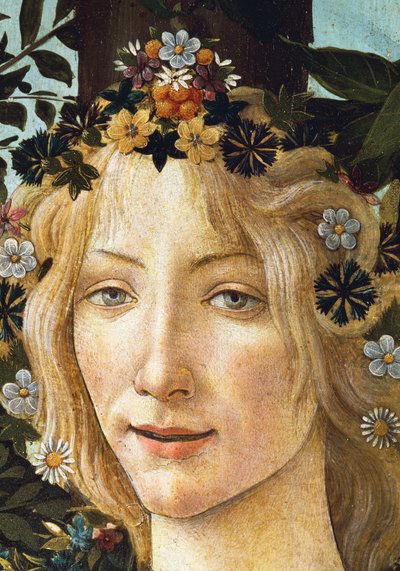 フローラの顔、春の寓意の細部、1477年～1482年頃（木にテンペラ 作： Sandro Botticelli
