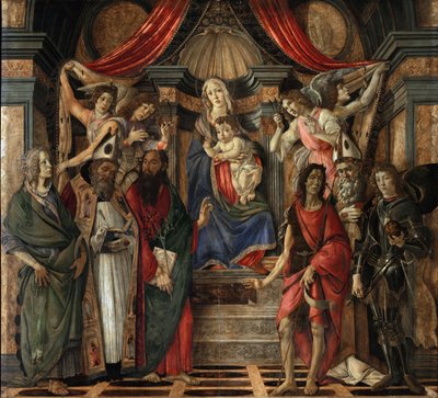 聖バルナバ祭壇画からの聖母子と聖人 - 木にテンペラ 作： Sandro Botticelli