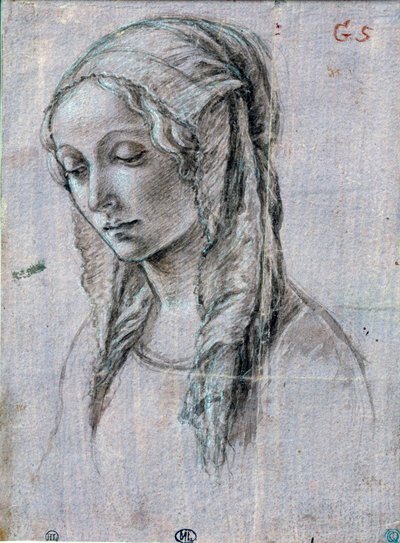 若い女性の頭」 筆で描かれた白抜きの絵 アレッサンドロ・ディ・マリアーノ・デイ・フィリペピ・ディット・サンドロ・ボッティチェリ（1445-1510） 15世紀 パリ、ルーヴル美術館 作： Sandro (attr. to) Botticelli
