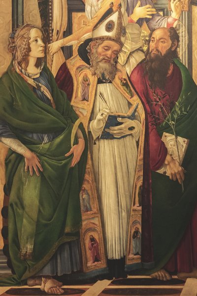 祭壇画、主パネル：聖母、4人の天使と聖人 作： Sandro Botticelli
