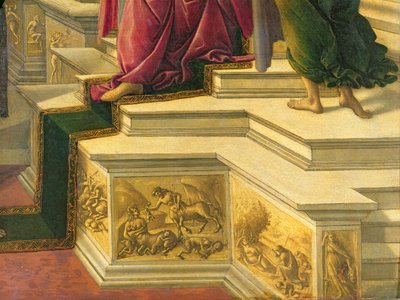 Calpelly of Apelles：古典的な主題を表す模擬彫刻フリーズで装飾された足の一部を示す詳細、31582の1497-98パネル詳細 作： Sandro Botticelli