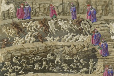 地獄の8番目の円の一部であるカントXVIII、ダンテの「インフェルノ」のイラスト、c.1485 作： Sandro Botticelli