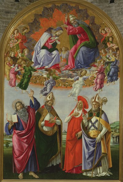 聖母の戴冠式（サンマルコ祭壇画）、1490-92（パネル上のテンペラ） 作： Sandro Botticelli