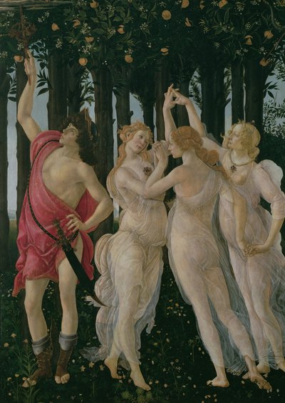 558のパネル詳細のプリマベーラテンペラからの三美神と水星の詳細 作： Sandro Botticelli