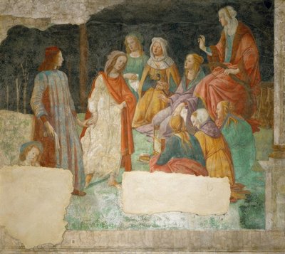若い男（ロレンツォトルナブオーニ？）はミネルヴァ出身です。 作： Sandro Botticelli