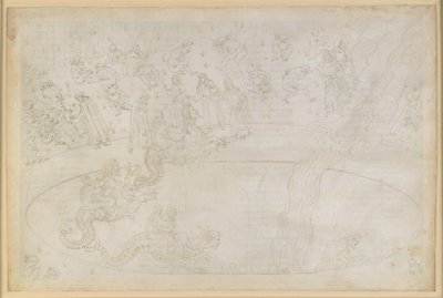 『神曲』、地獄篇第17歌。ヴェルギリウスとダンテが地獄の第7圏を訪れる。第3の帯：炎の砂漠で神の秩序に背いた暴行者たち、高利貸しへの罰；ゲリオンの背に乗って深淵へと降りていく 作： Sandro Botticelli