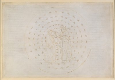 『神曲』、パラディソ第7歌。第二の天界（水星の天）：ベアトリーチェはダンテに、神の正義、人間の原罪、そしてキリストの死による贖いといった難解な問題について解説する 作： Sandro Botticelli