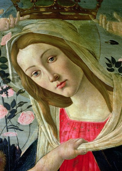 天使によって戴冠されたマドンナと子供、パネル上のマドンナ油の詳細 作： Sandro Botticelli