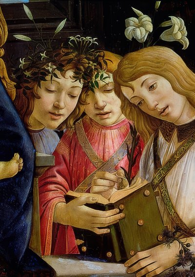 マリアと子供、バプテスマのヨハネと天使たち。詳細。 1490年頃 作： Sandro Botticelli