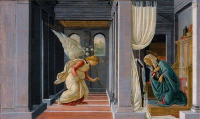 受胎告知、c.1485（木の上のテンペラと金） 作： Sandro Botticelli